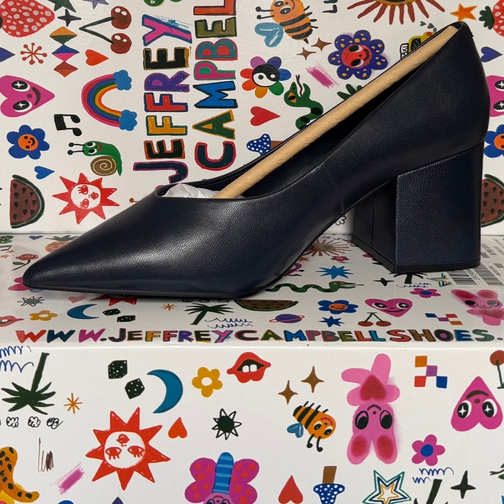 Jeffrey Campbell Navy Leather Pointed Block Heel Pump